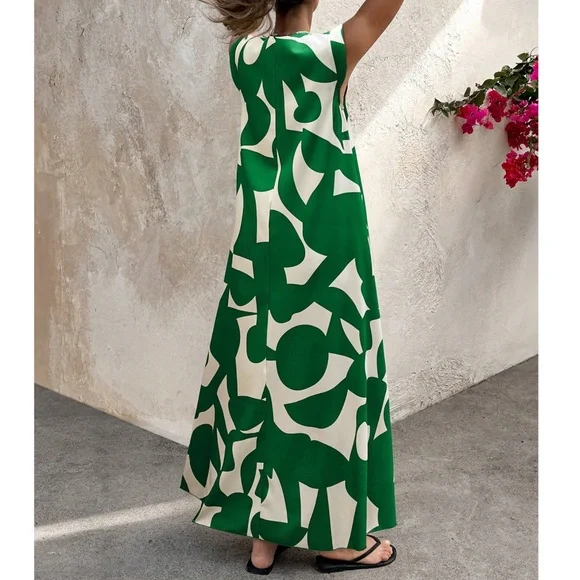 Abstract Geo Print Cap Sleeve V neck Flowy Maxi Dress - Picture 7 of 11